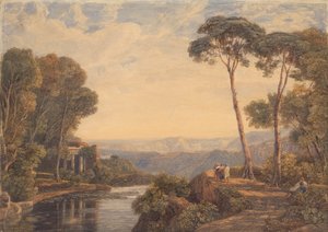 Landskap med ett tempel och figurer vid en flod