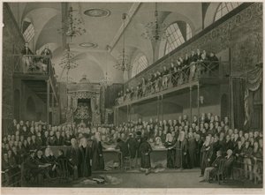 Interiör av House of Lords, Westminster, London, under den viktiga utredningen 1820