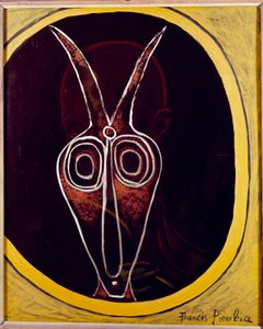Genomskinlig. Människoansikte och djurhuvud med överlagrat horn, 1900-tal (olja på duk) av Francis Picabia