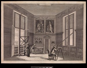 Tre personer använder astronomisk utrustning i Stora stjärnrummet eller Oktagonrummet, som det kallas idag, på Kungliga Observatoriet, ca 1676 (gravyr) av Francis Place