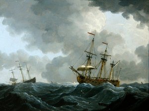 En marin: två fregatter i en annalkande storm (olja på koppar)