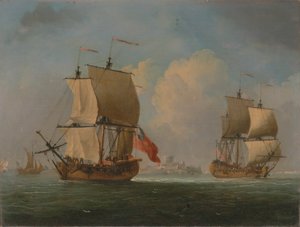 En engelsk slup och en fregatt i en lätt bris