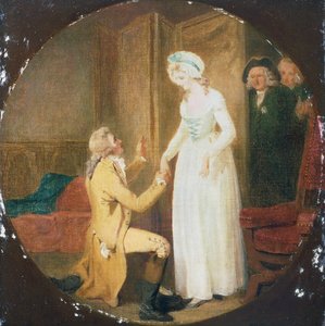 Akt V, scen III i pjäsen Hon böjer sig för att erövra av Oliver Goldsmith (1730-1774) av Francis Wheatley