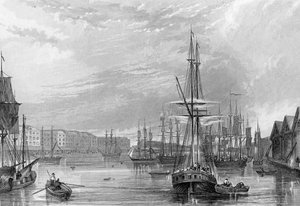 West India Dock, illustration från "History of London: Illustrated by views of London and Westminster" av John Woods, graverad av John Woods, publicerad 1838.