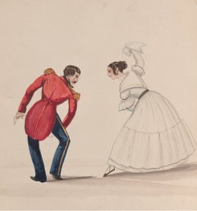 En peruansk man och kvinna som dansar Zamacueca, från en grupp teckningar som visar..., ca. 1848.