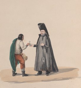 En kanon som överlämnar ett krucifix till en man, från en grupp teckningar som föreställer peruansk dräkt, 1848. av Francisco