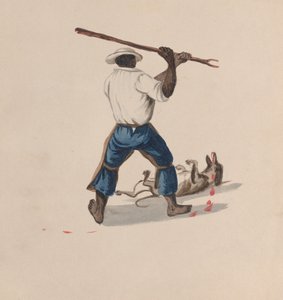 En man sedd bakifrån slå en hund med en käpp, från en grupp teckningar som visar..., ca. 1848