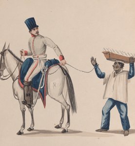 En soldat till häst som håller ett rep som säkrar en inhemsk slav som balanserar en tallrik..., ca. 184