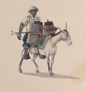 En vattenbärare som rider på en åsna, från en grupp teckningar föreställande peruansk dräkt, ca. 1848.