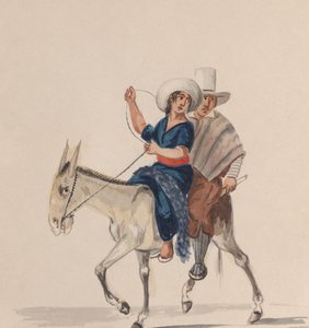 En indisk man och kvinna som rider på en åsna, från en grupp teckningar som föreställer peruanska..., ca. 1848.