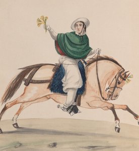 En elegant klädd kvinna till häst, från en grupp teckningar föreställande peruanska..., ca. 1848.