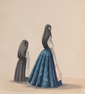 Två kvinnor som bär sayan sett i profil, från en grupp teckningar som visar..., ca. 1848.