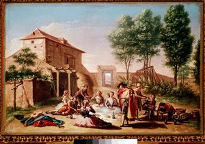 Lunch på landsbygden: ungdomar i borgerligheten spelar picknick. Målning av Francisco Bayeu y Subias