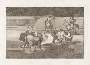 Banderillas de Fuego (banderillas med smällare), skylt 31 från tjurfäktning av Francisco de Goya