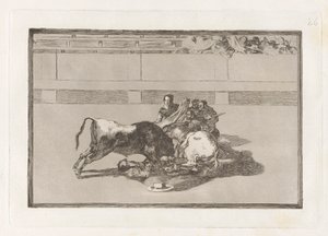 Fall av en picador från sin häst nedanför tjuren (A Picador is Unhorsed and Falls Under the Bull), skylt 26 från La tauromaquia av Francisco de Goya
