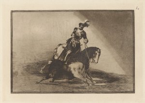 Carlos V. lanceando un toro en la plaza de Valladolid (Charles V. Spearing a Bull in the Ring at Valladolid), Tallrik 10 från La tauromaquia av Francisco de Goya
