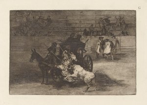 Slåss i en vagn kopplad till två mulor, tallrik G från La tauromaquia (tredje upplagan) av Francisco de Goya