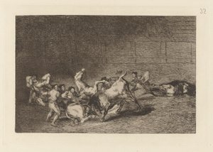 Två lag av Picadors kastade efter varandra av en enda tjur, tallrik 32 från La tauromaquia av Francisco de Goya