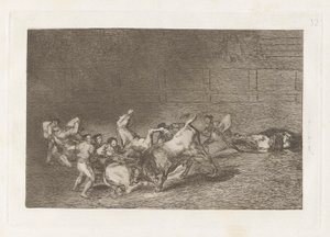 Två lag av Picadors kastade efter varandra av en enda tjur, tallrik 32 från La tauromaquia av Francisco de Goya