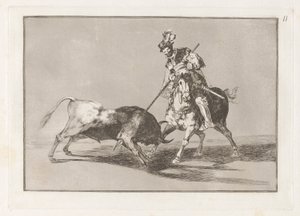 El Cid Campeador som spjuter en annan tjur (The Cid Campeador som spjuter en annan tjur), skylt 11 från La tauromaquia av Francisco de Goya