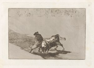 Diestr?sm-studenten av False, präglad retar tjuren med sina raster (The Very Skilful Student of False, Wrapped in his Cape, Trick the Bull with the Play of his Body), Plate 14 från The Tauromachia av Francisco de Goya