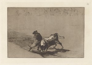 Diestr?sm-studenten av False, präglad retar tjuren med sina raster (The Very Skilful Student of False, Wrapped in his Cape, Trick the Bull with the Play of his Body), Plate 14 från The Tauromachia av Francisco de Goya