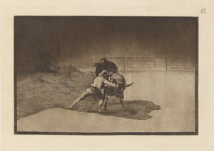 Den berömda Martincho, sätta banderillas till paus. (The Famous Martincho Places the Banderillas Playing the Bull with the Movement of his Body), Tavla 15 från La tauromaquia av Francisco de Goya