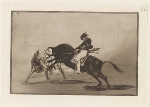 Samma Ceballos monterad på en annan tjur bryter Rejones på Plaza de Madrid (Samma Ceballos monterad på en annan tjur bryter korta spjut i ringen i Madrid), skylt 24 från La tauromaquia av Francisco de Goya