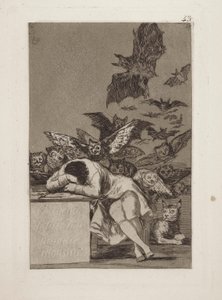 Drömmen om anledningen producerar monster. (Förnuftets sömn skapar monster.), pl. 43 från serien The whims av Francisco de Goya