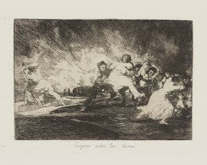 De flyr genom lågorna. (De flyr genom lågorna.), pl. 41 från serien The Disasters of War av Francisco de Goya