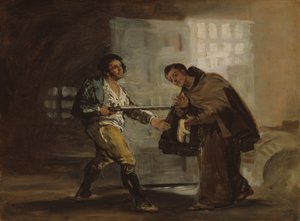 Broder Pedro erbjuder skor till El Maragato och förbereder sig på att skjuta åt sidan sin pistol, ca. 1806. av Francisco de Goya