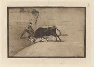 Pepe Illos olyckliga död i ringen i Madrid (Pepe Illos olyckliga död i ringen i Madrid), skylt 33 från La tauromaquia av Francisco de Goya