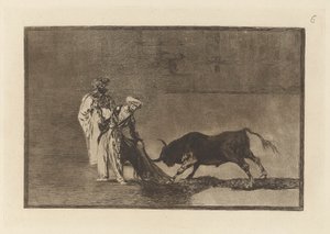 Morerna gör ännu en capeo på torget med sin albornoz (The Mors Make a Different Play in the Ring Calling the Bull with their Burnous), Plåt 6 från La tauromaquia av Francisco de Goya