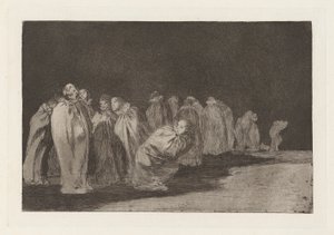 Los ensacados (Männen i säckar), även känd som So el sayal, hay al (Det finns något under säckväven), från serien Los disparates (Los proverbios) av Francisco de Goya
