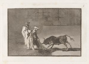 Morerna gör en annan capeo på torget med sin albornoz (morerna gör en annan lek i ringen och kallar tjuren med sin brinnande), Tavla 6 från La tauromaquia av Francisco de Goya