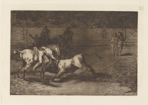 Mariano Ceballos, alias indianen, dödar tjuren från sin häst (Mariano Ceballos, Alias ​​​​indian, dödar tjuren från sin häst), skylt 23 från La tauromaquia av Francisco de Goya