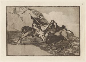 Hur jagade de gamla spanjorerna tjurar? häst i fält (Sättet på vilket de gamla spanjorerna jagade tjurar till häst i det öppna landet), tavla 1 från La tauromaquia av Francisco de Goya