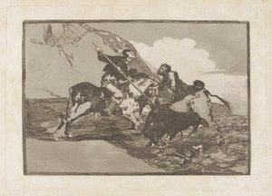 Hur jagade de gamla spanjorerna tjurarna? häst i fält (Sättet på vilket de gamla spanjorerna jagade tjurar till häst i det öppna landet), tavla 1 från La tauromaquia av Francisco de Goya