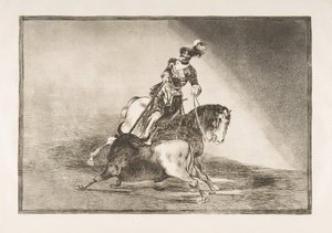 Plåt 10 från La Tauromaquia: Karl V spjutar en tjur i ringen vid Valladolid, 1816. av Francisco de Goya