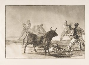 Skylt 12 från Tauromaquia: Folkmassan hamstrings tjuren med lansar, skärar, bande..., 1816. av Francisco de Goya