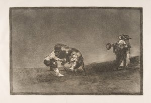 Tauromaquia skylt 16: Samma man kastar en tjur i ringen i Madrid, 1816. av Francisco de Goya