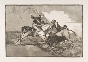 Platta 1 från The Tauromaquia: Sättet på vilket de gamla spanjorerna jagade tjurar på hor..., 1816. av Francisco de Goya