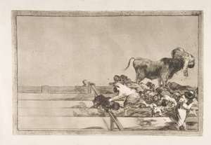 Skylt 21 från Tauromaquia: Fruktansvärda händelser i de främre raderna av ringen i Madrid a..., 1816. av Francisco de Goya