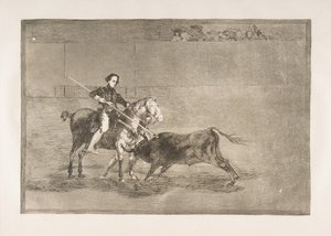 Plåt 22 från Tauromaquia: Manligt mod hos den berömda Pajuelera i [ringen] vid..., 1816. av Francisco de Goya