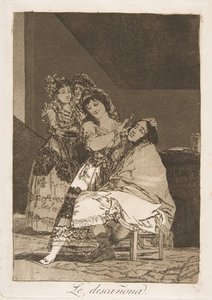 Plåt 35 från Los Caprichos: Hon fleeces honom Le descañona., 1799. av Francisco de Goya