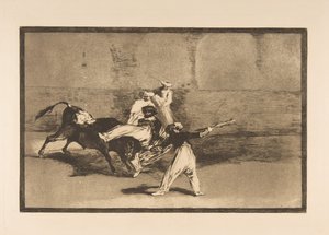 Plåt 8 från Tauromaquia: En hed som fångats av tjuren i ringen, ca. 1816. av Francisco de Goya
