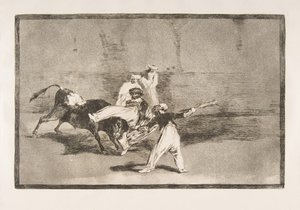 Tauromaquias skylt 8: En mor som fångades av tjuren i ringen, 1816. av Francisco de Goya