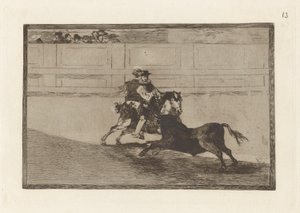 Un caballero espa?ol en plaza quebrando rejoncillos sin auxilio de los chulos (En spansk riddare i ringen bryter korta spjut utan hjälp av assistenter), skylt 13 från La tauromaquia av Francisco de Goya