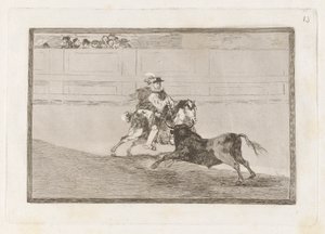 Un caballero espa?ol en plaza quebrando rejoncillos sin auxilio de los chulos (En spansk riddare i ringen bryter korta spjut utan hjälp av assistenter), skylt 13 från La tauromaquia av Francisco de Goya