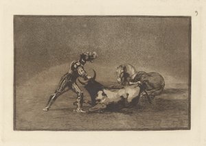 En spansk riddare dödar tjuren efter att ha förlorat sin häst (En spansk riddare dödar tjuren efter att ha förlorat sin häst), tavla 9 från La tauromaquia av Francisco de Goya